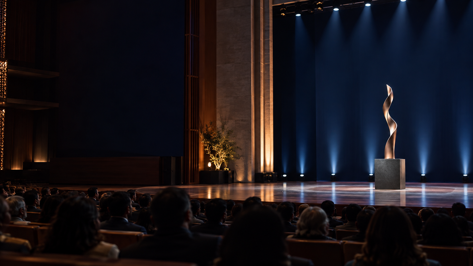 An awards auditorium before the ceremony, with a contemporary recognition sculpture on stage